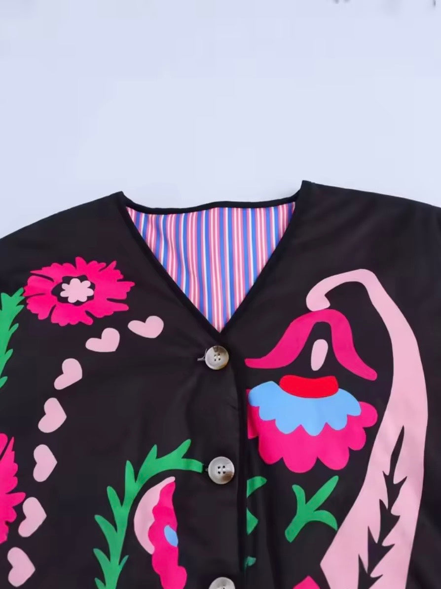 Black Love floral print open front bomber quilted jacket