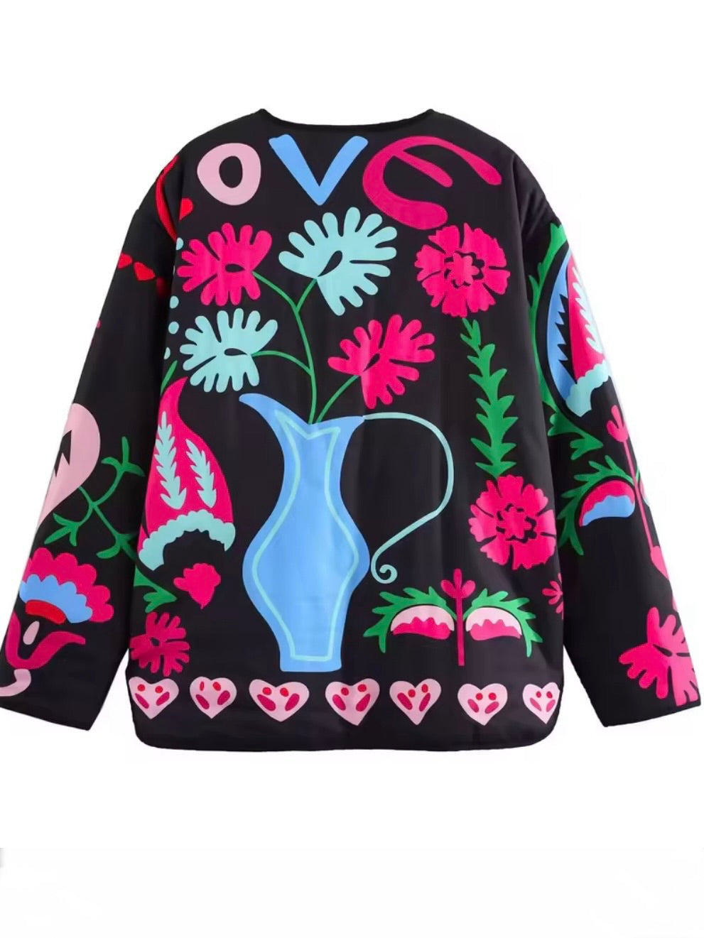Black Love floral print open front bomber quilted jacket