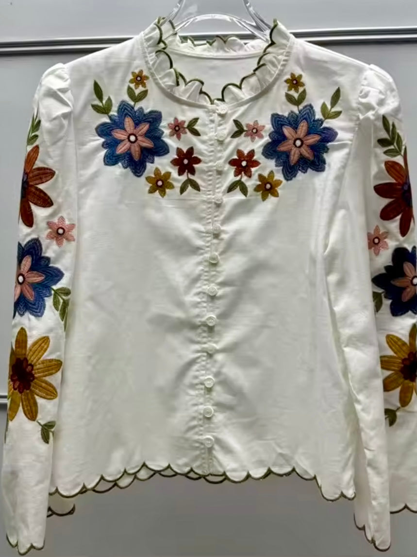 Beige floral embroidered shirt