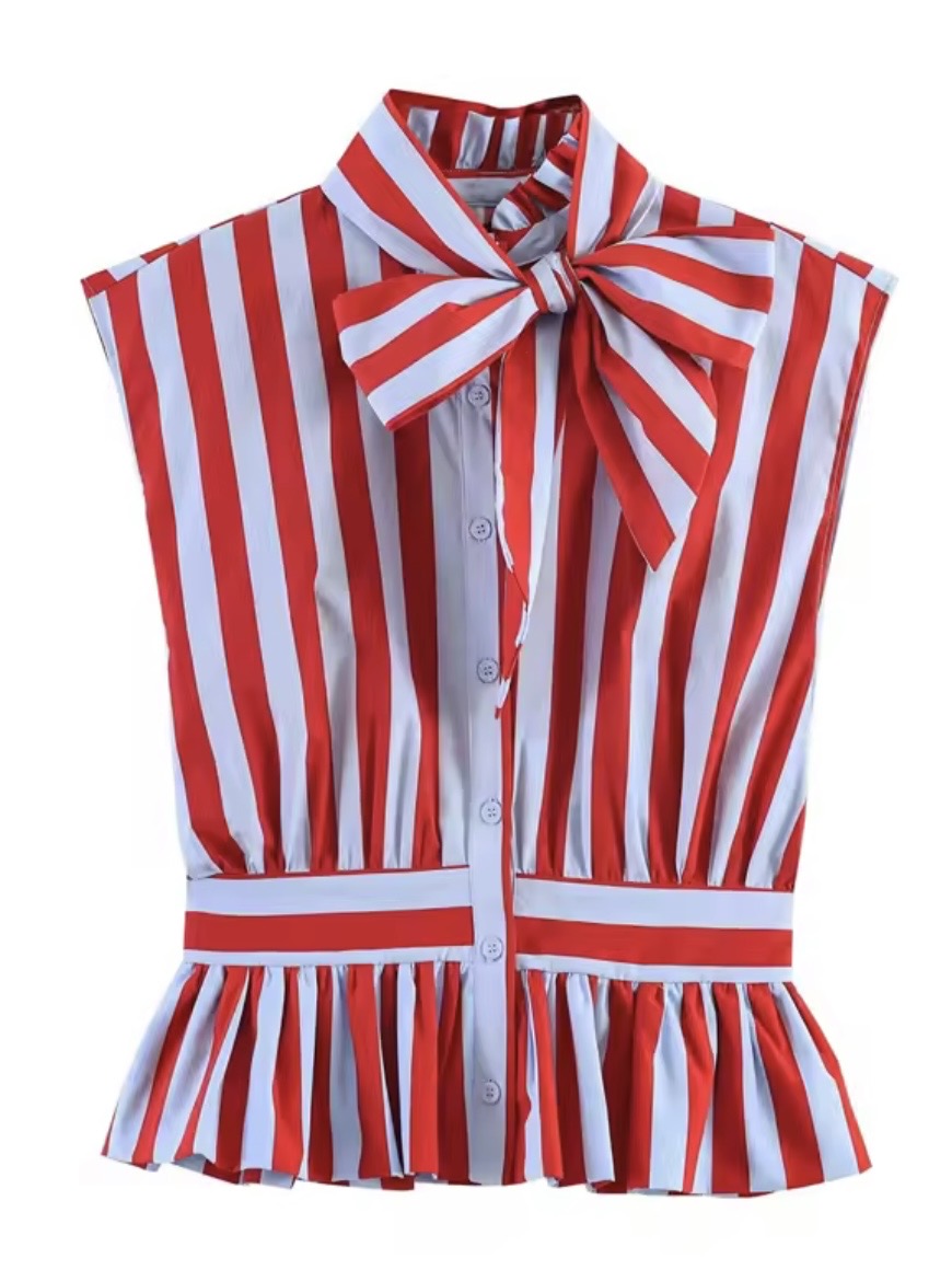 Red and light blue striped buttons down sleeveless shirt top