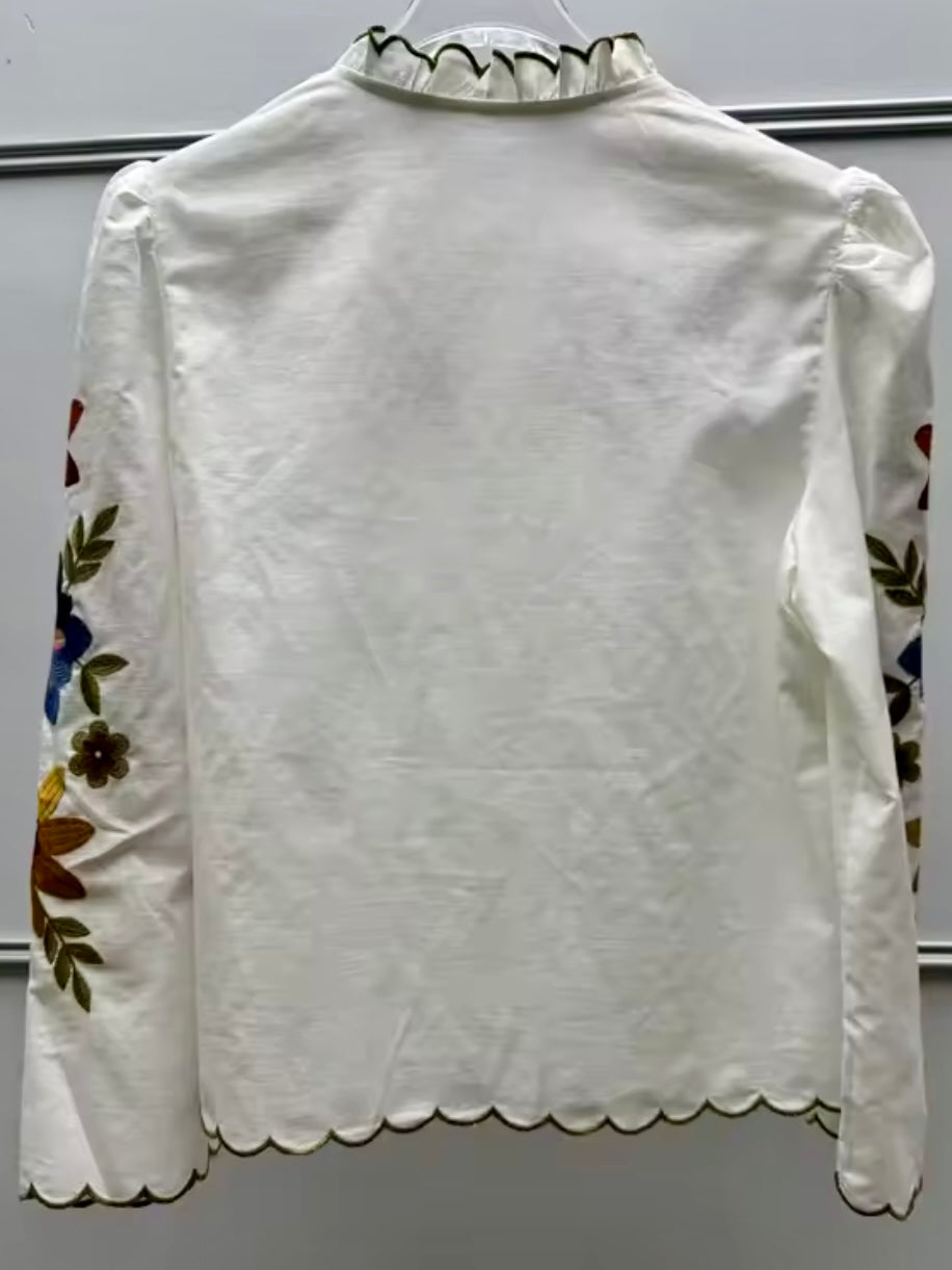Beige floral embroidered shirt