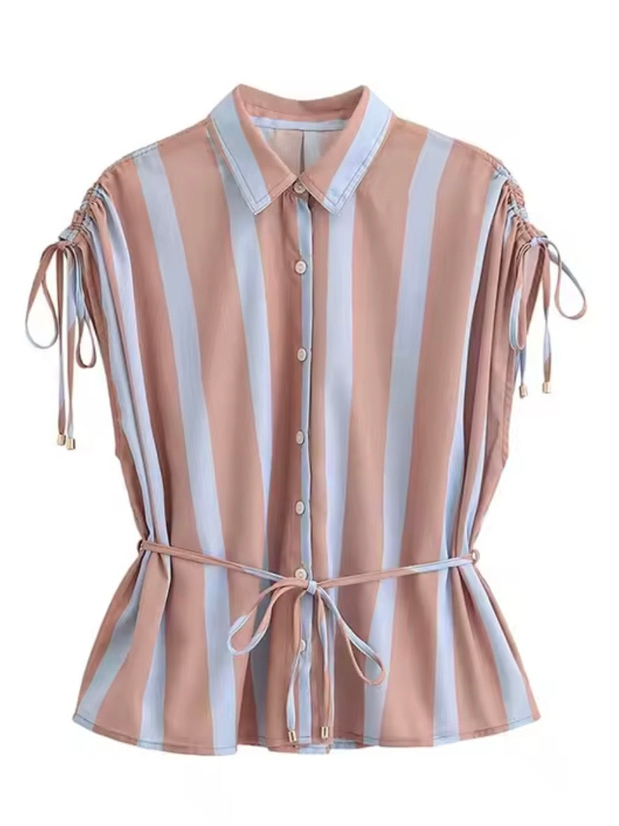 Light brown and light blue striped buttons down sleeveless shirt top
