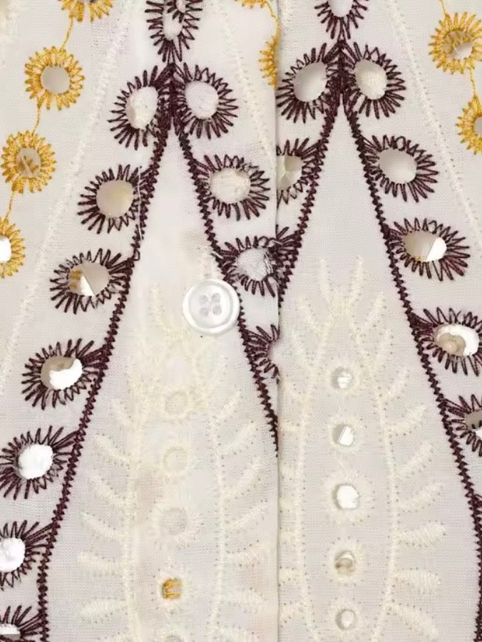 Vanilla beige floral embroidered buttons down short sleeves shirt top