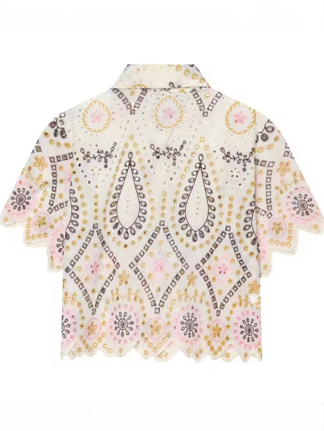 Vanilla beige floral embroidered buttons down short sleeves shirt top