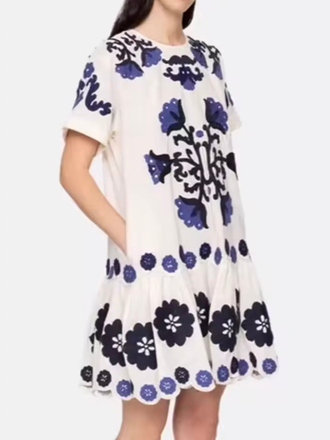 White and blue embroidered mini dress