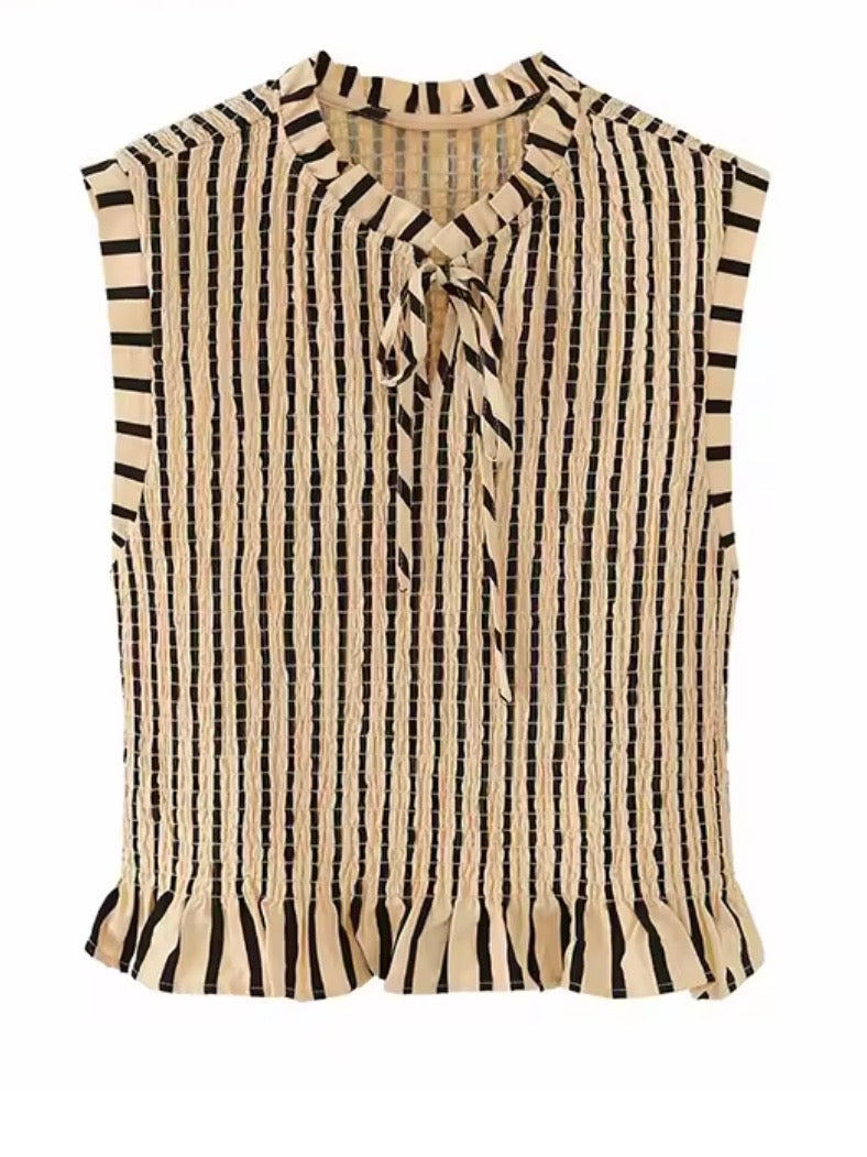 Beige and black striped draped fabric sleeveless shirt top