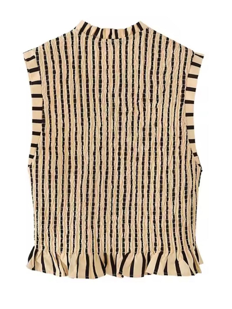 Beige and black striped draped fabric sleeveless shirt top
