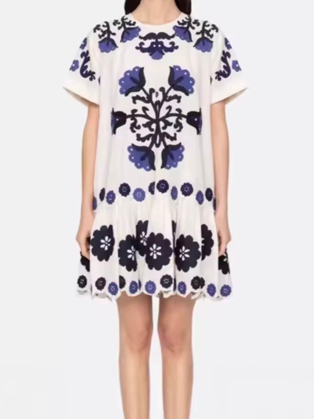 White and blue embroidered mini dress