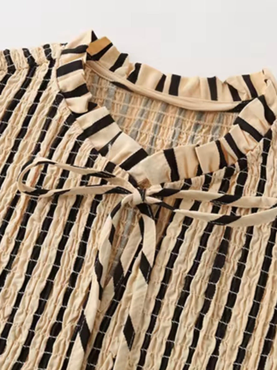 Beige and black striped draped fabric sleeveless shirt top