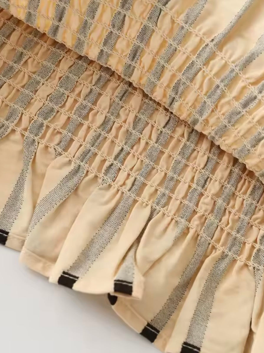 Beige and black striped draped fabric sleeveless shirt top
