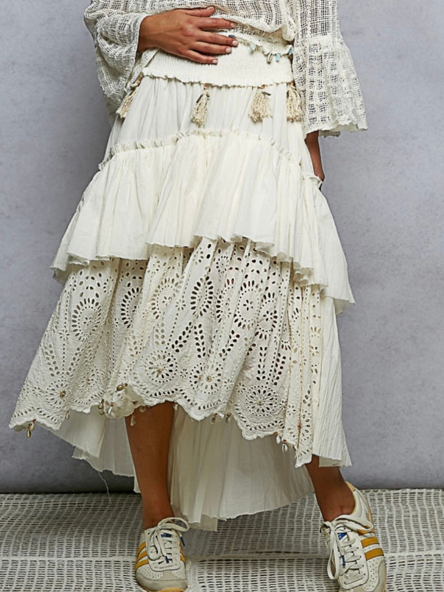 Beige lace floral maxi skirt