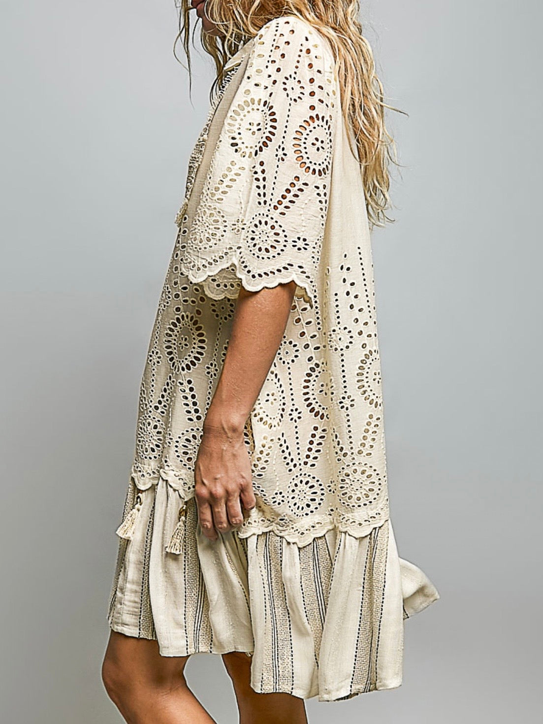 Beige boho embroidered details loose midi shirt dress