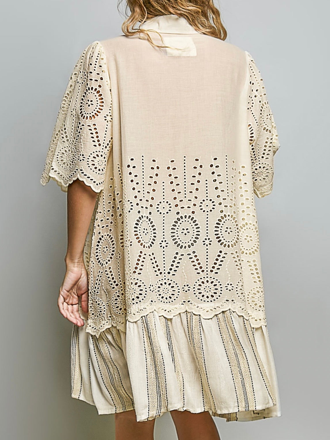 Beige boho embroidered details loose midi shirt dress