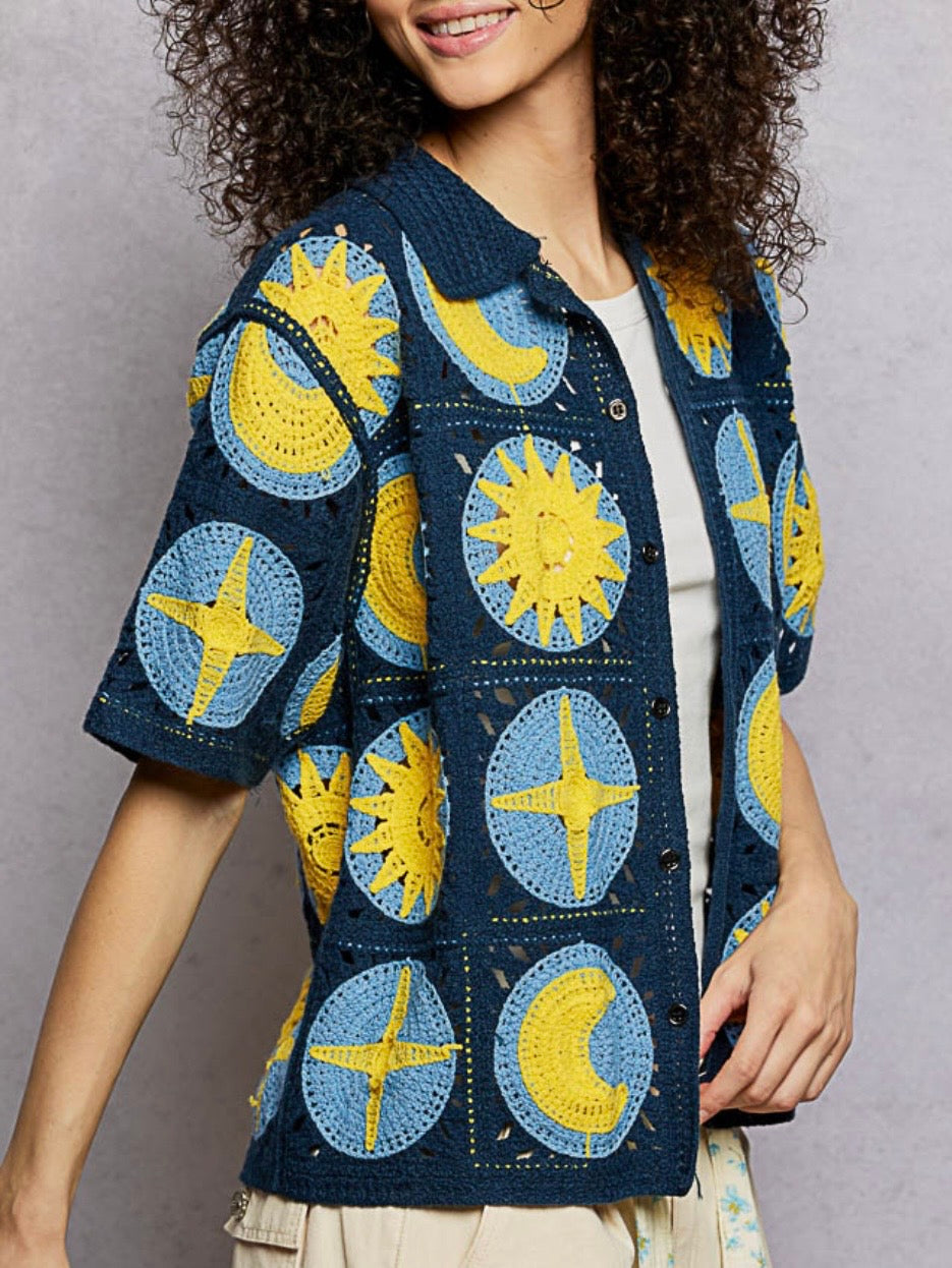 Blue and yellow sun moon knitted shirt