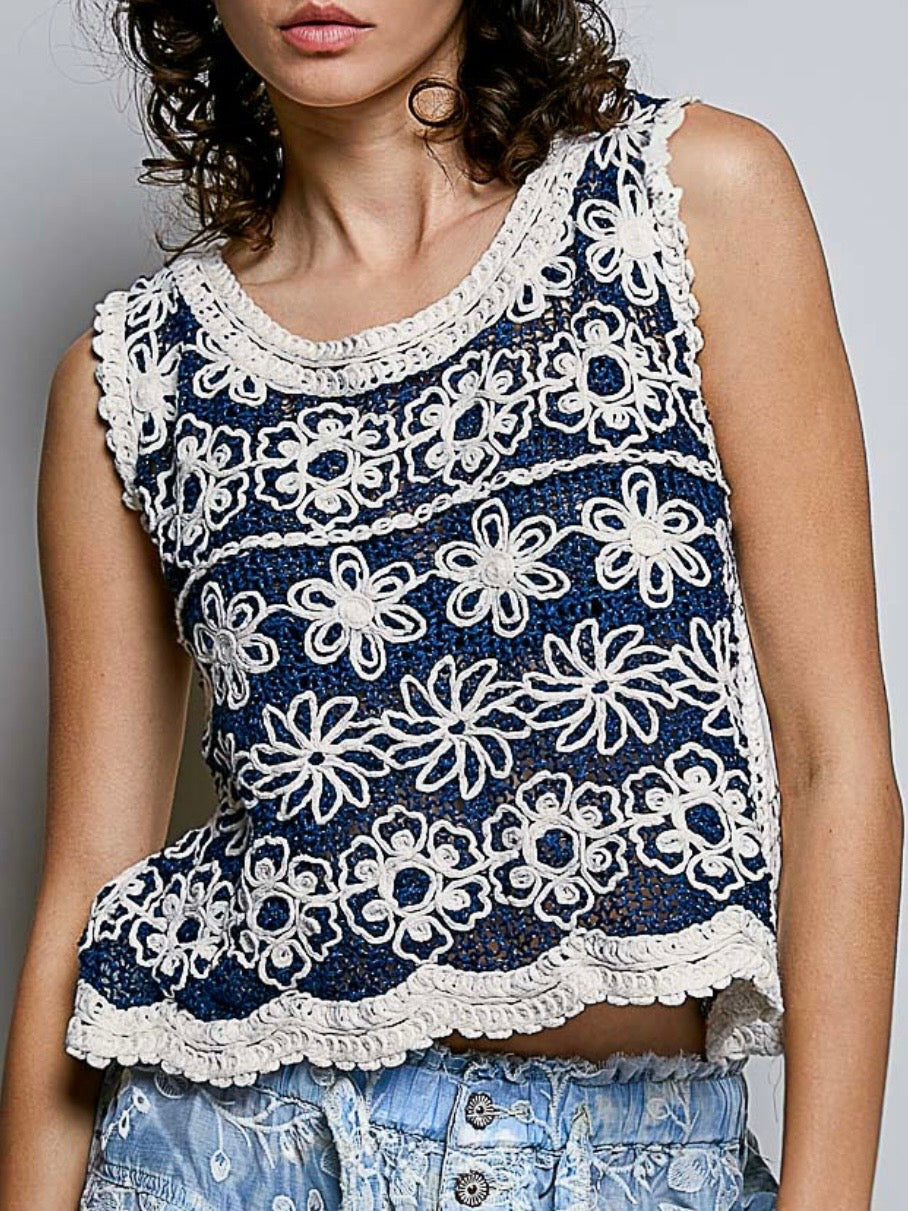 Blue and beige crochet knitted sleeveless tank top