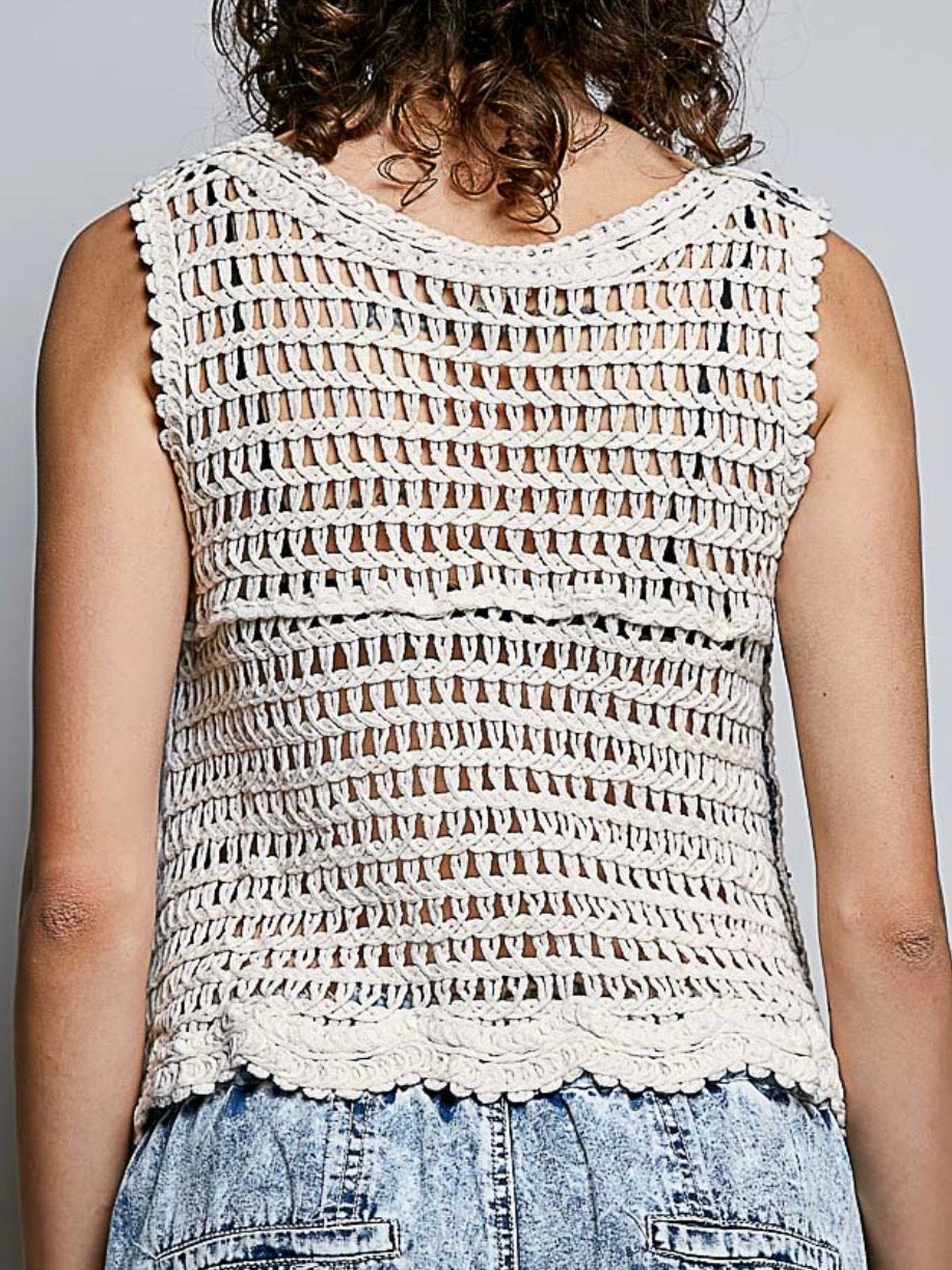 Blue and beige crochet knitted sleeveless tank top