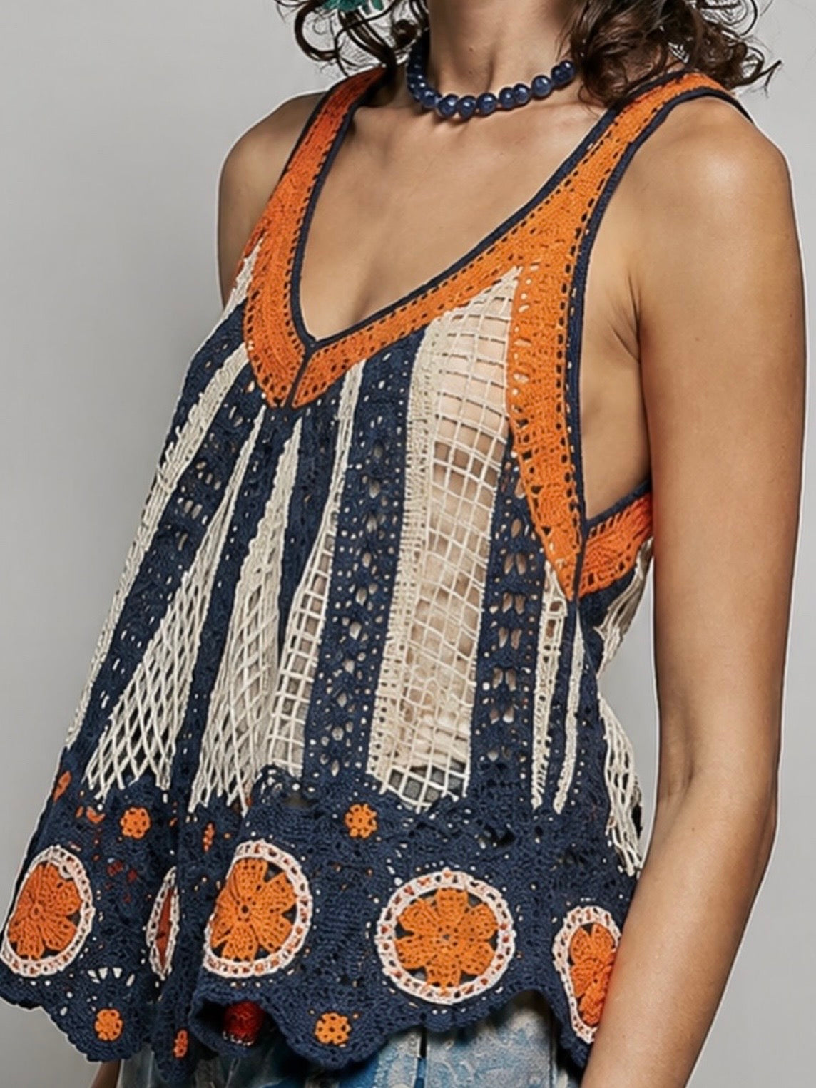 Blue and orange crochet knitted sleeveless tank top