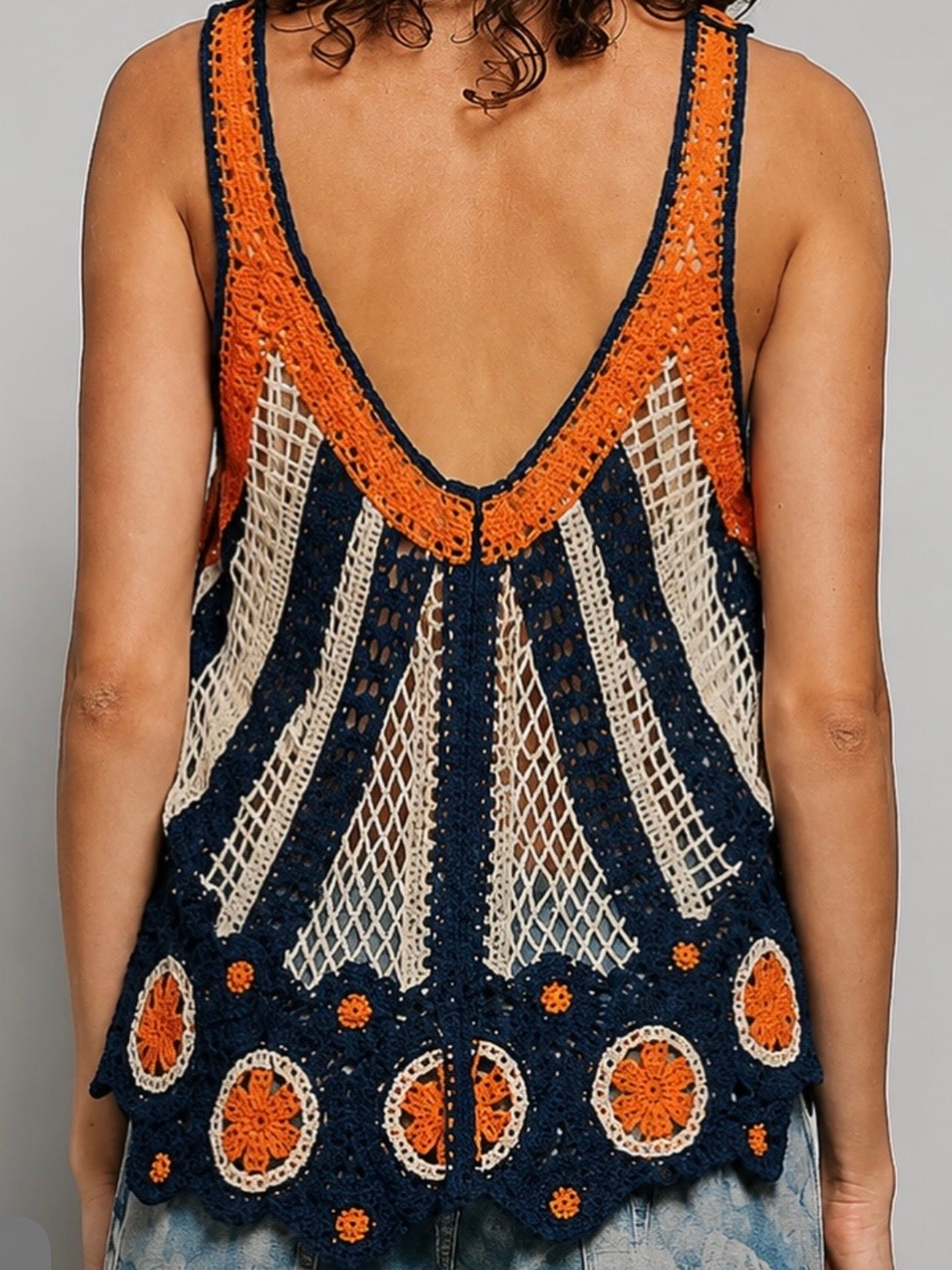 Blue and orange crochet knitted sleeveless tank top