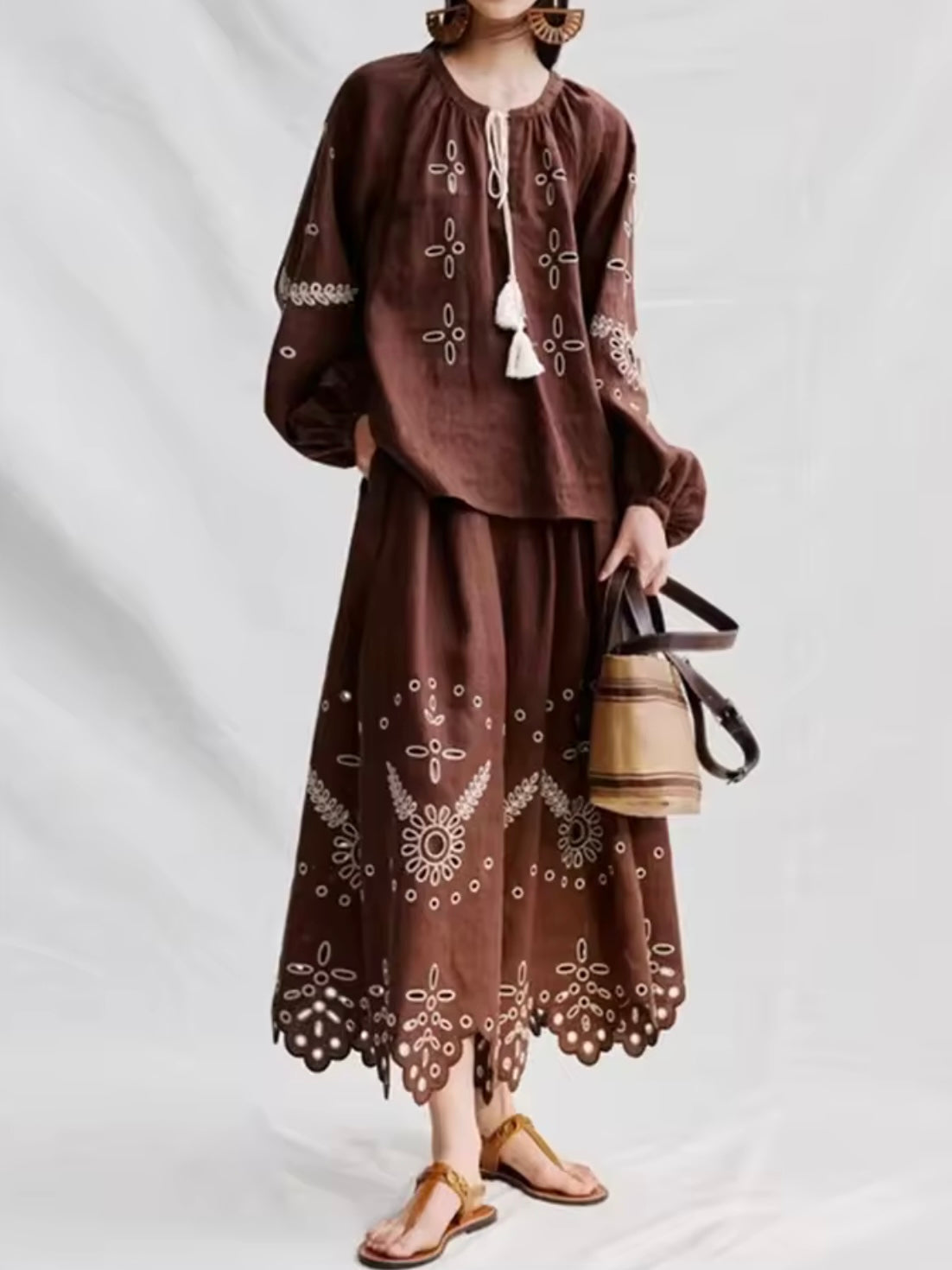 Brown and beige set embroidered top and skirt