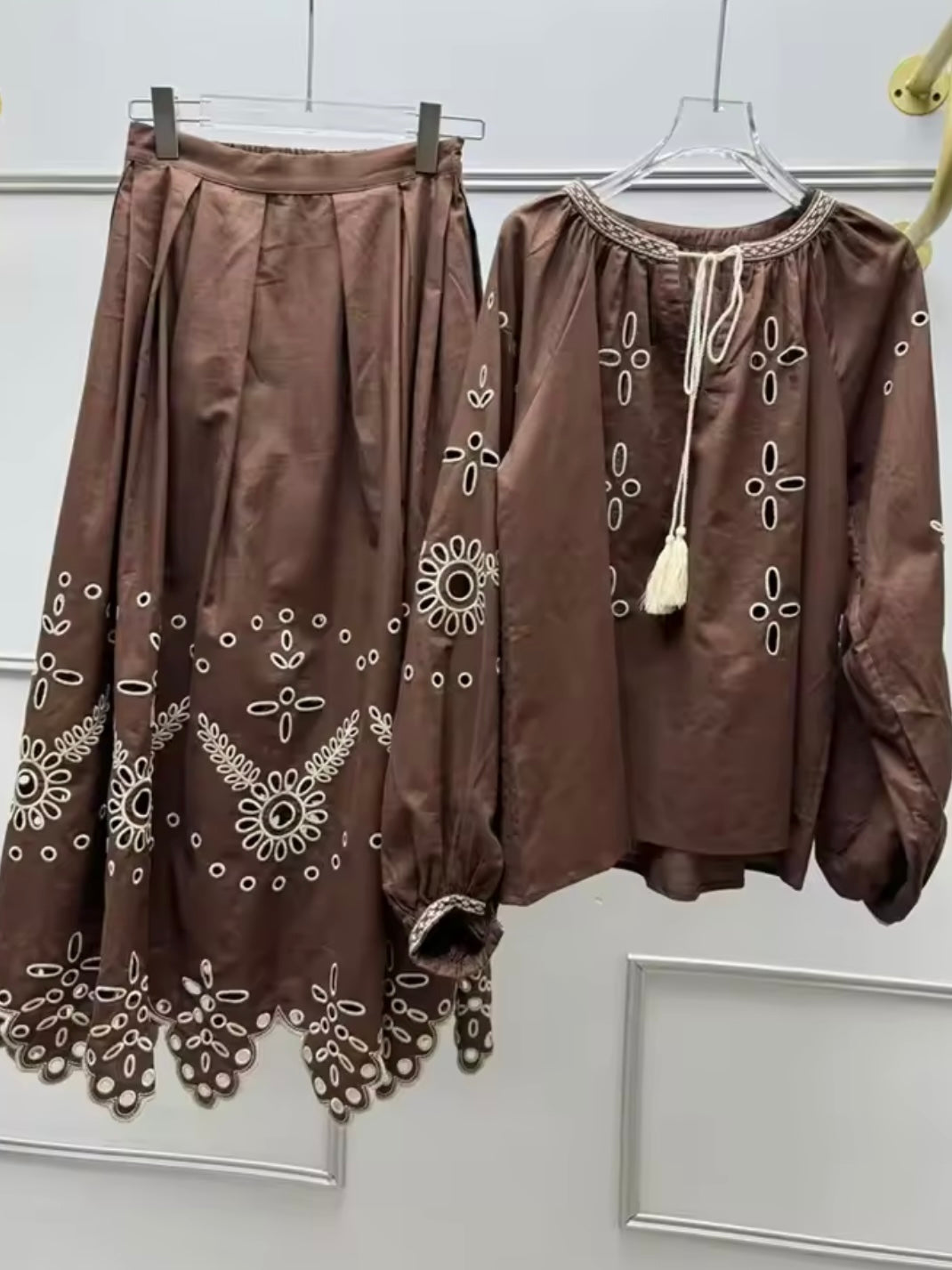 Brown and beige set embroidered top and skirt