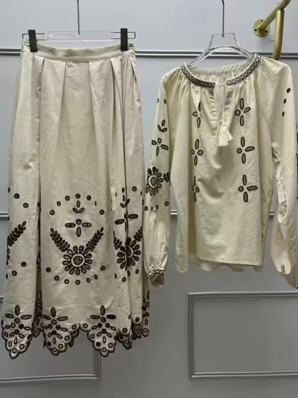 Brown and beige set embroidered top and skirt