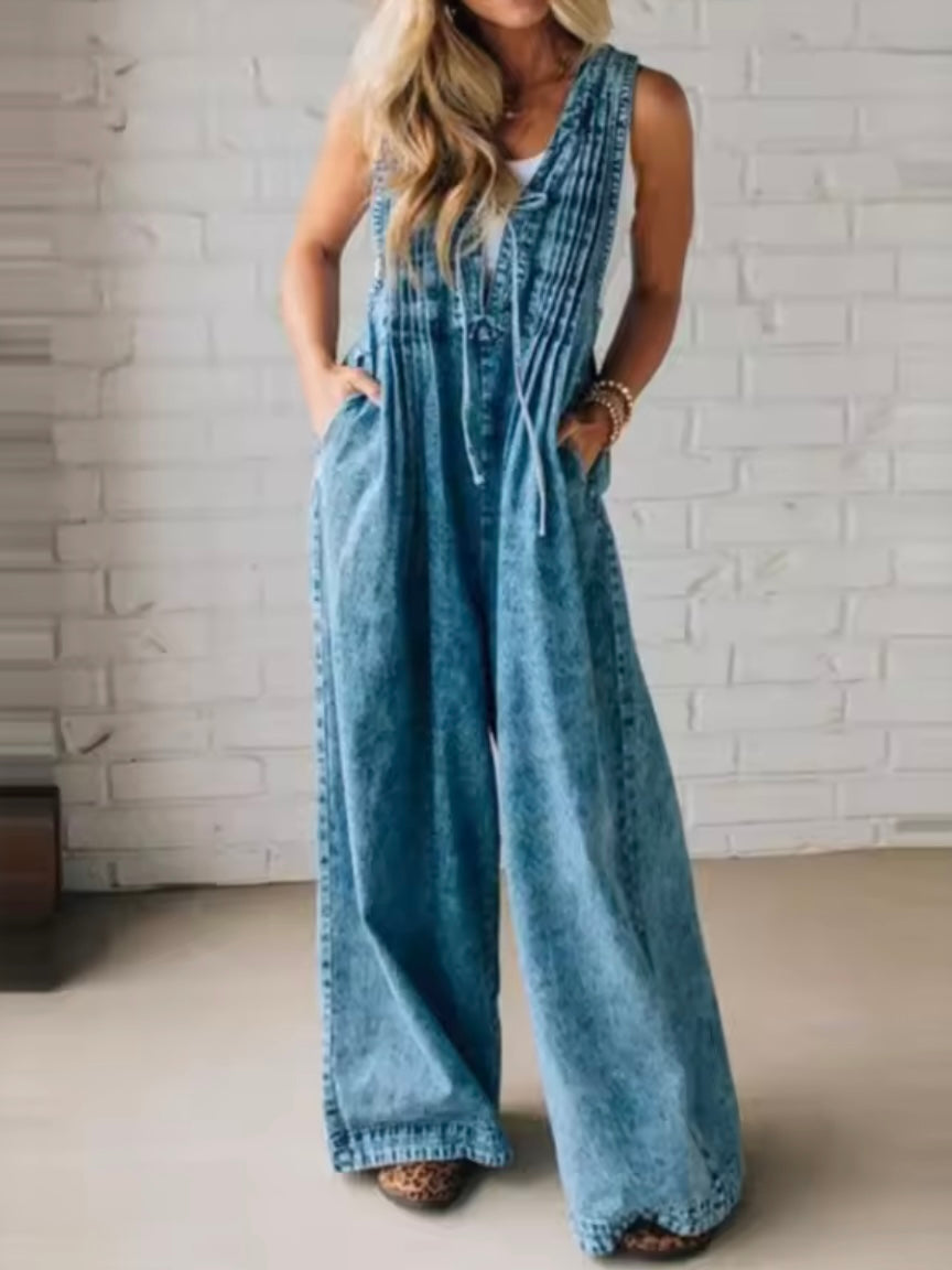 Solid colors denim loose washed jumper overall