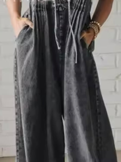 Solid colors denim loose washed jumper overall