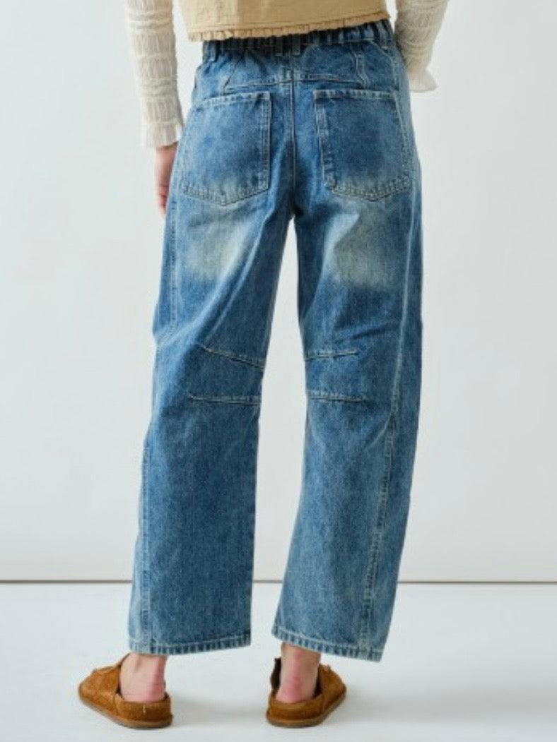 Blue block washed barrel with floral embroidered jeans pants