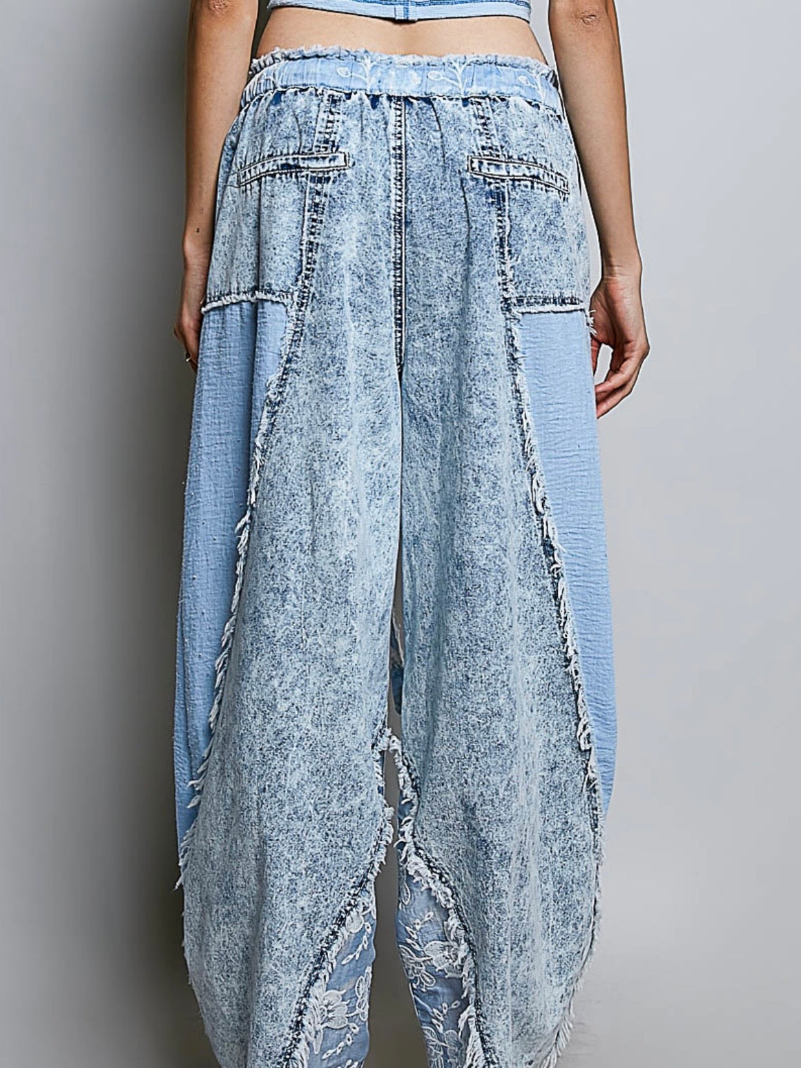 Blue floral print mix fabric patched denim wide pants