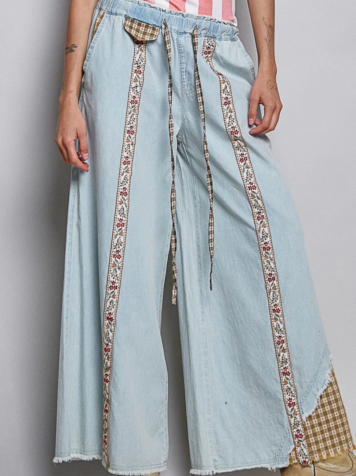 Blue denim and brown checkered patched wide pants