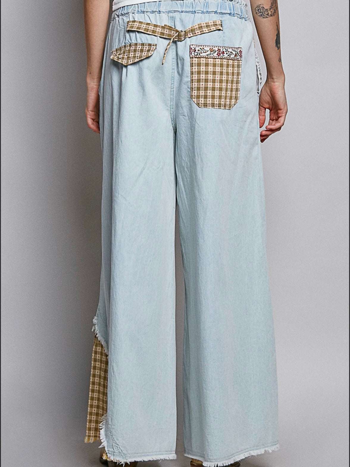 Blue denim and brown checkered patched wide pants