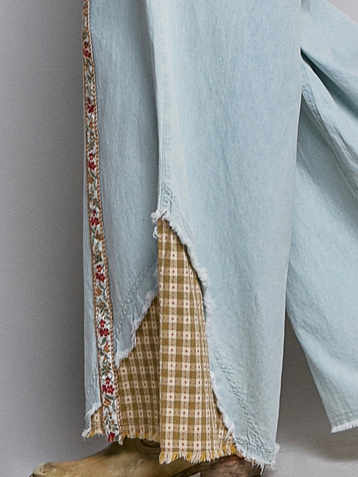 Blue denim and brown checkered patched wide pants