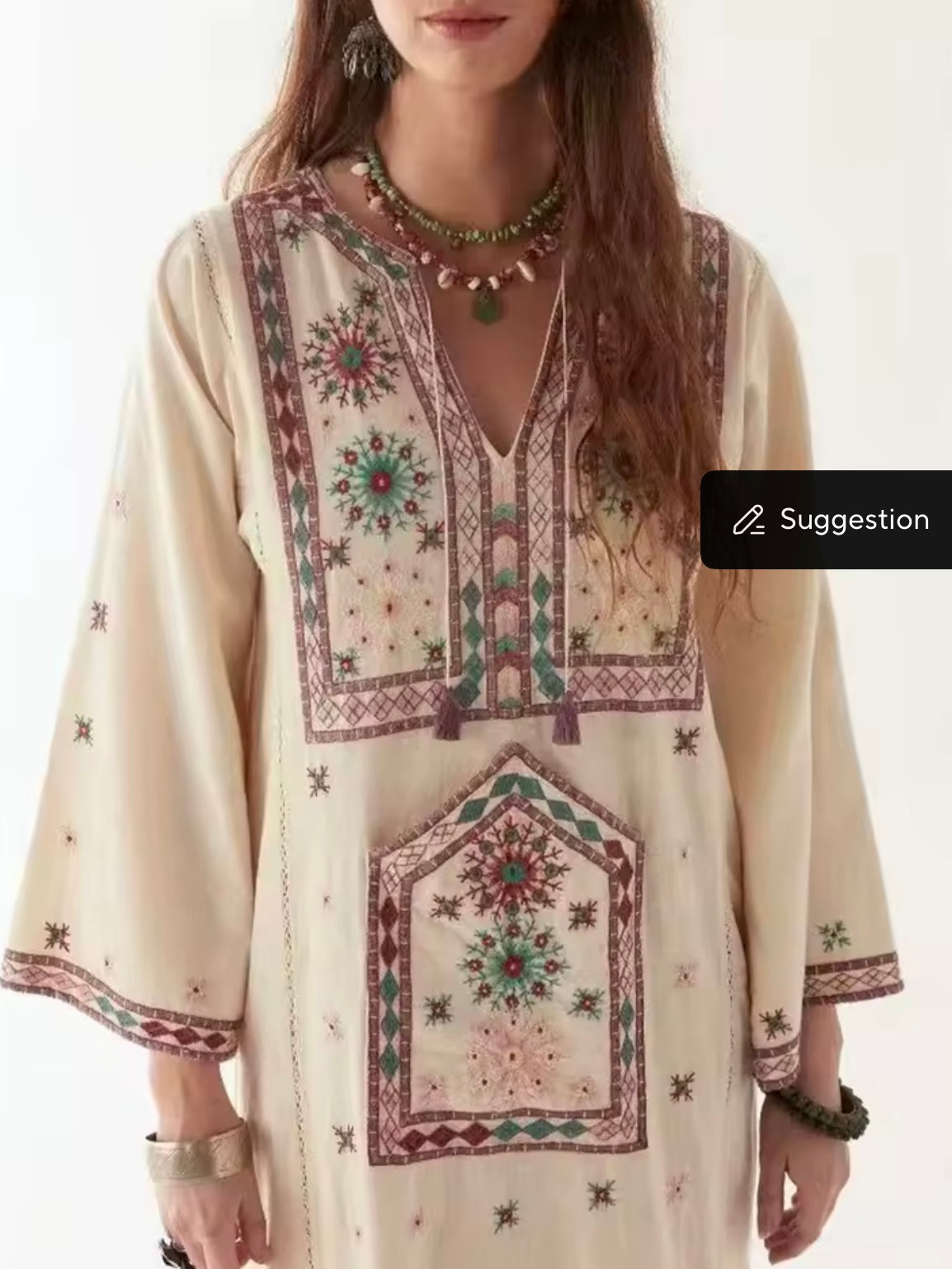 Beige floral details tunic maxi dress