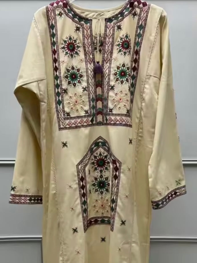 Beige floral details tunic maxi dress