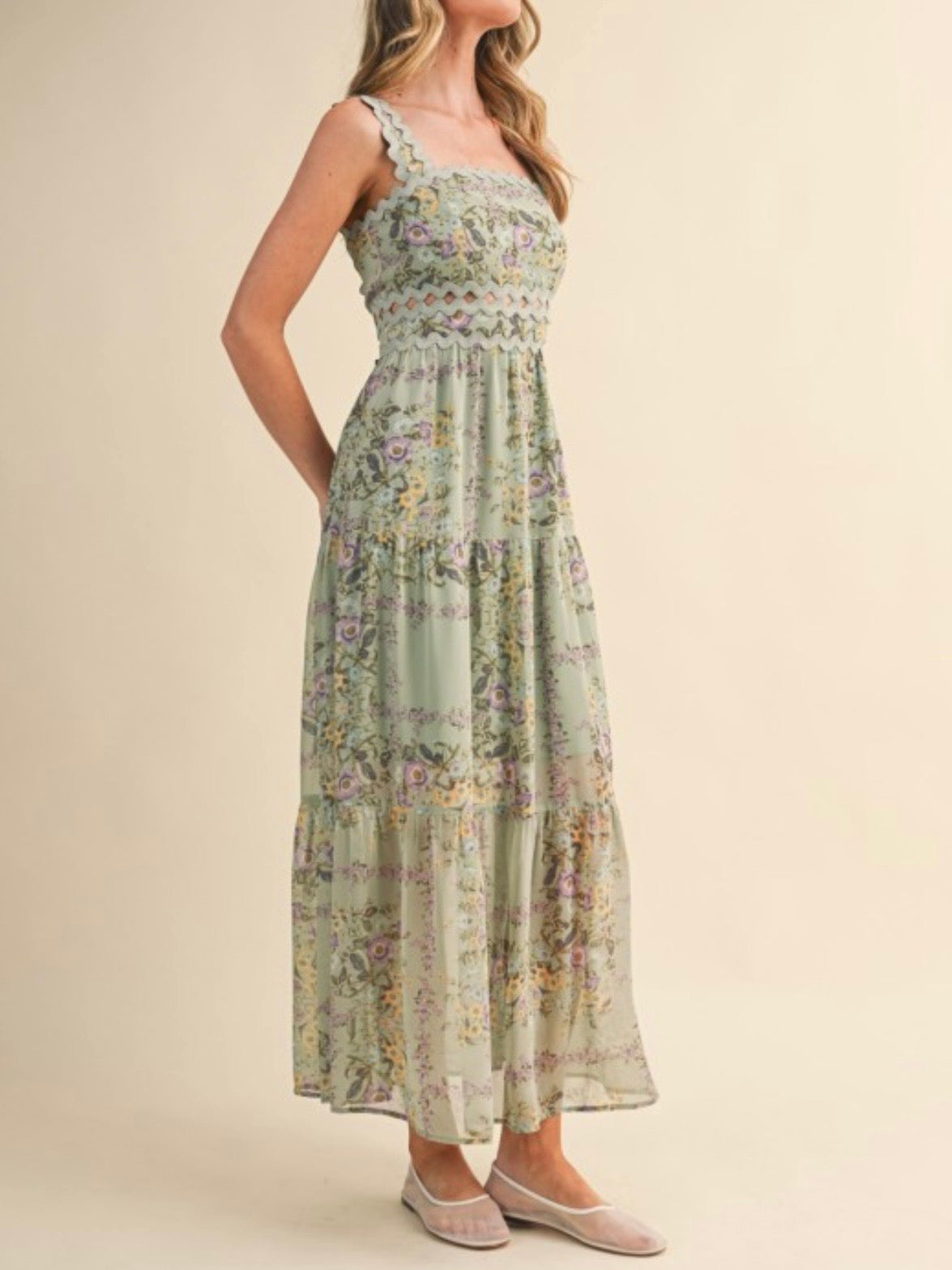 Light green floral printed square neck straps loose fit maxi dress