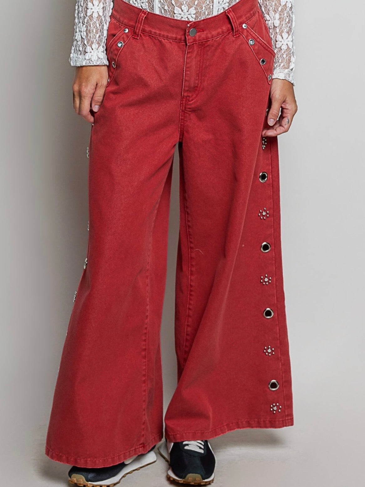 Solid color denim hollow out wide leg Pants