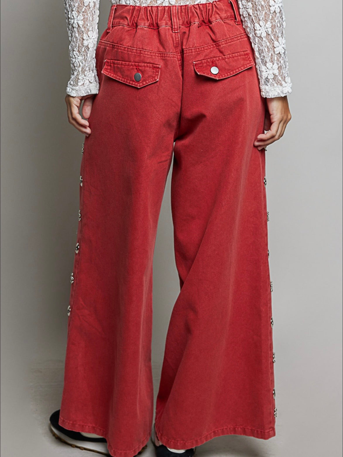 Solid color denim hollow out wide leg Pants