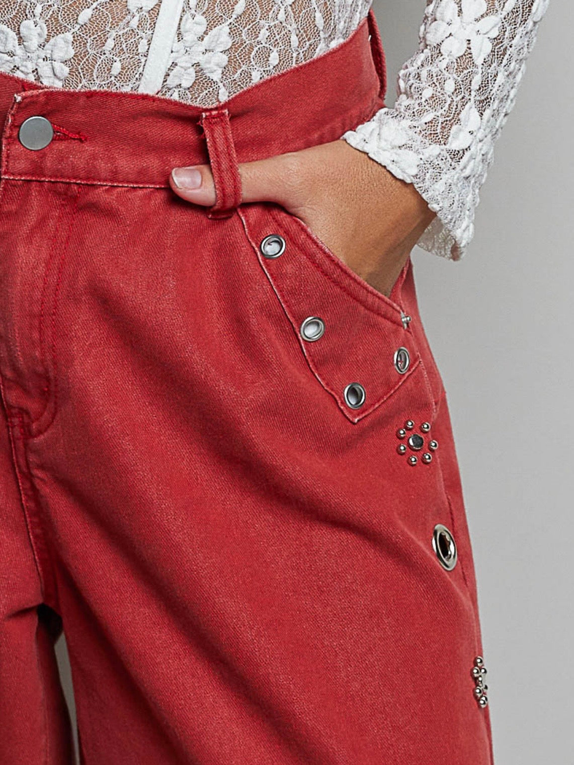Solid color denim hollow out wide leg Pants