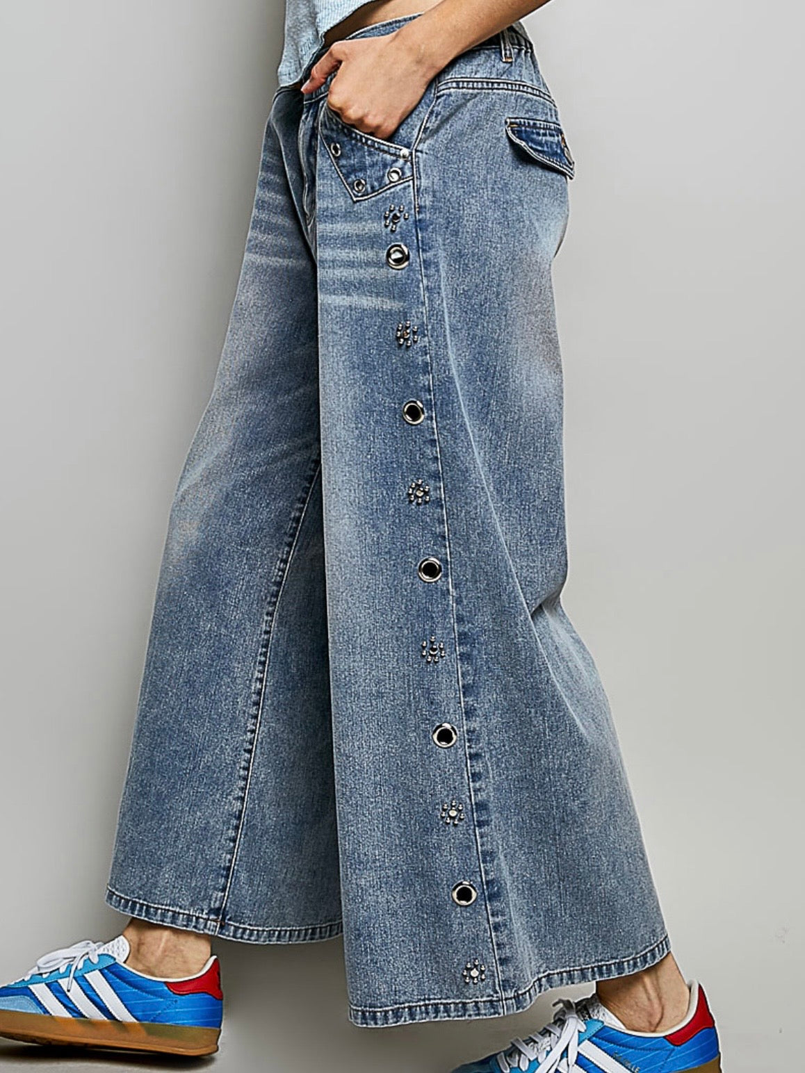 Solid color denim hollow out wide leg Pants