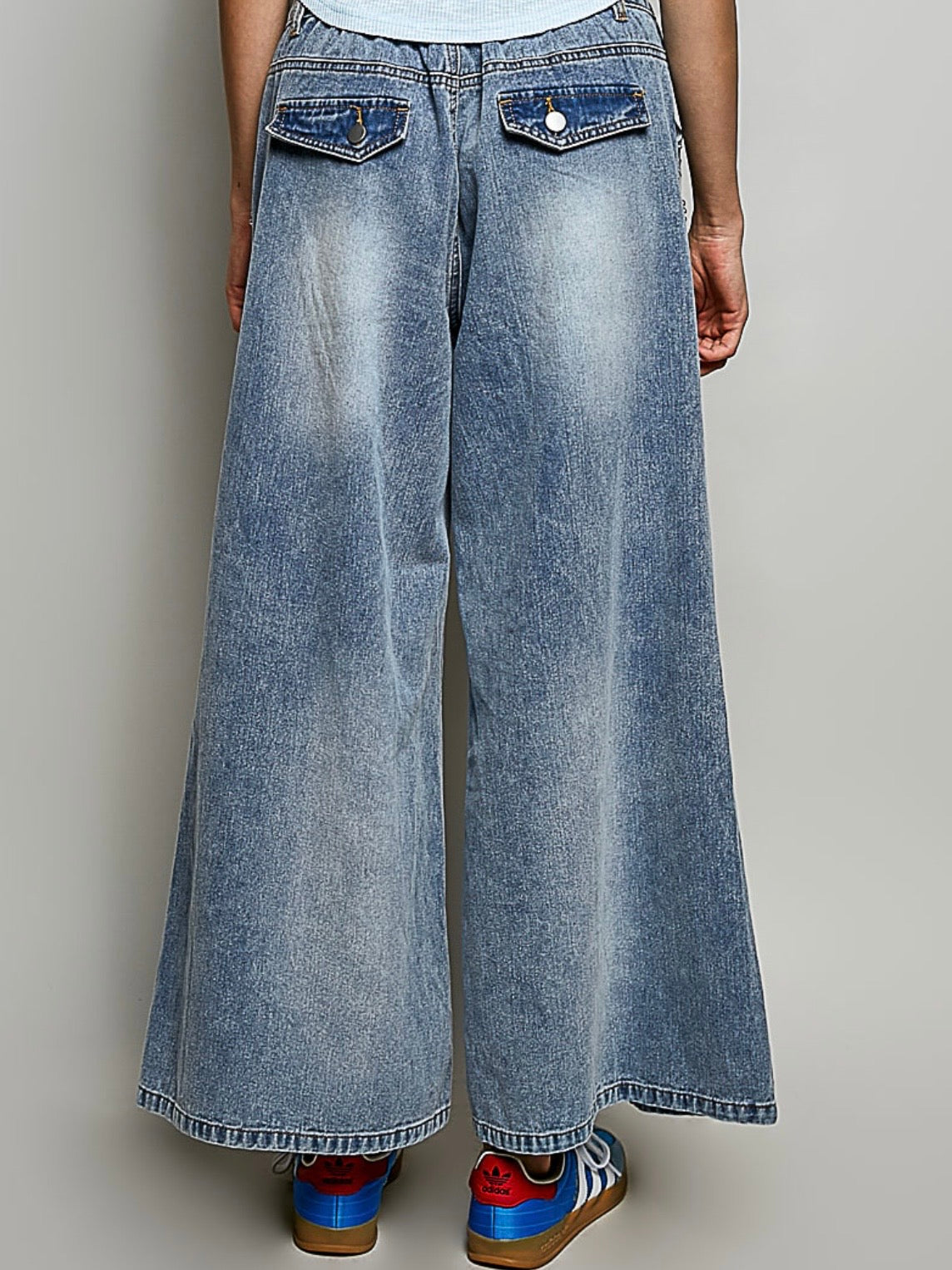 Solid color denim hollow out wide leg Pants