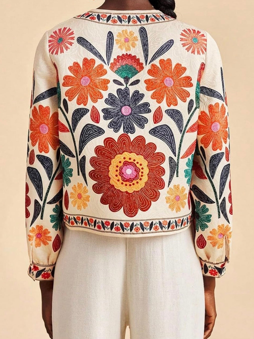 Off white floral printed open front bomber jacket
