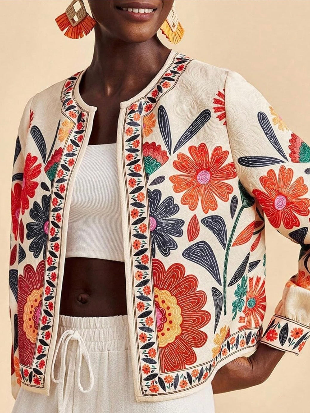 Off white floral printed open front bomber jacket