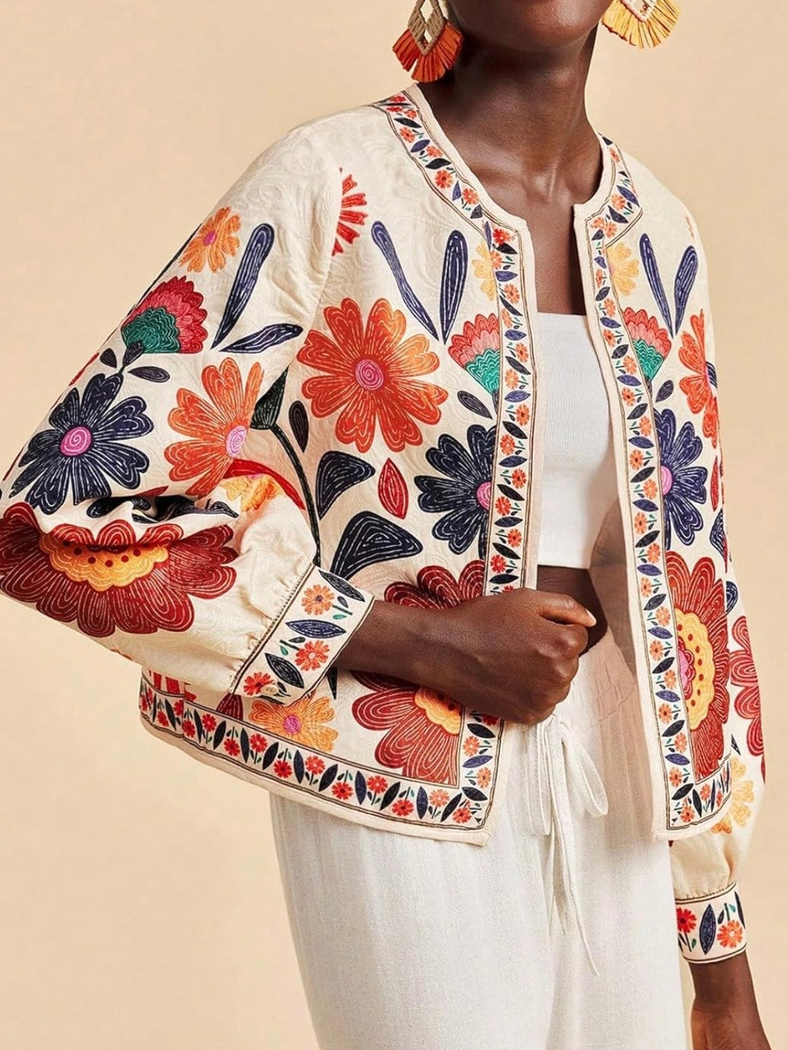 Off white floral printed open front bomber jacket