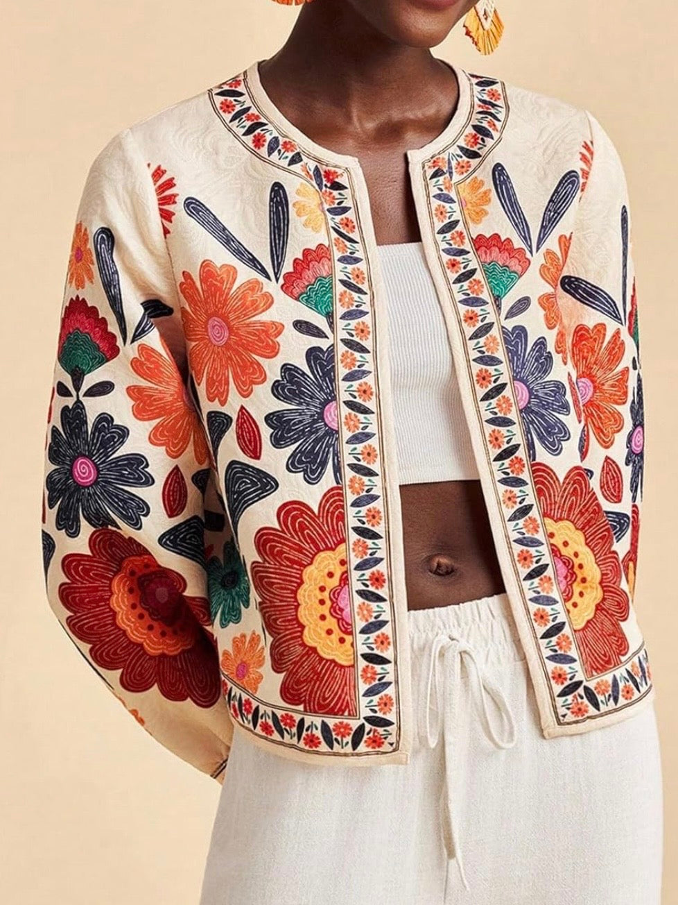 Off white floral printed open front bomber jacket