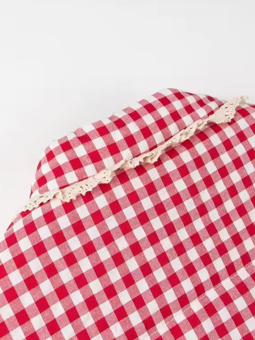 Red and white checkered print open front bomber quilted jacket