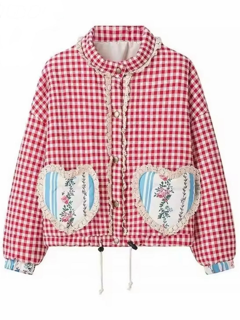 Red and white checkered print open front bomber quilted jacket