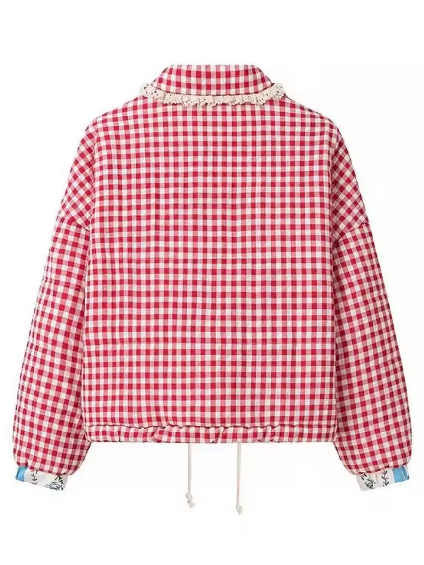 Red and white checkered print open front bomber quilted jacket
