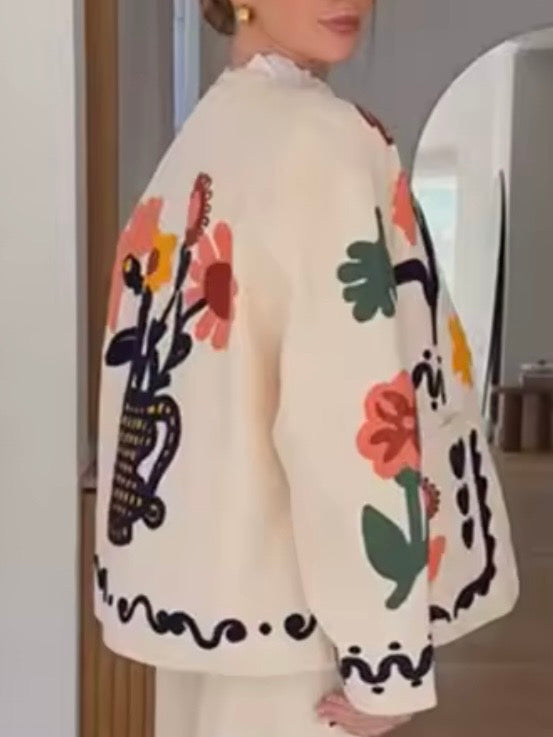 White floral bouquet embroidered open front bomber jacket