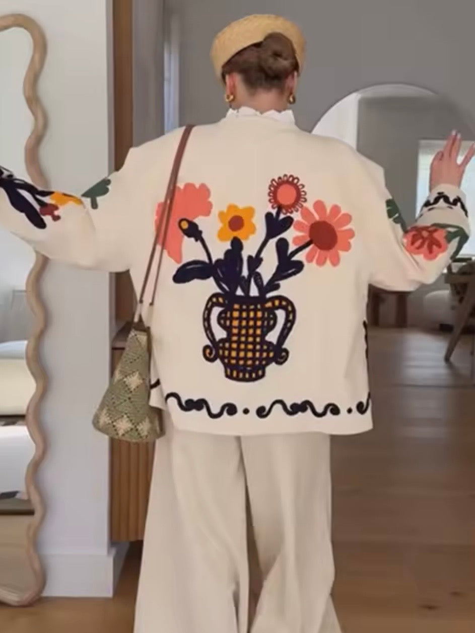 White floral bouquet embroidered open front bomber jacket