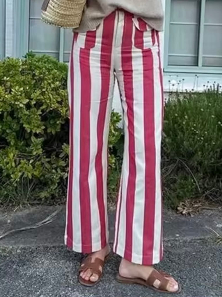 Color striped fabric straight pants